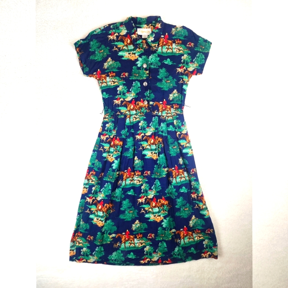 Vintage California Girl Horse Equestrian Fox Hunt Print Midi Dress, Size 6